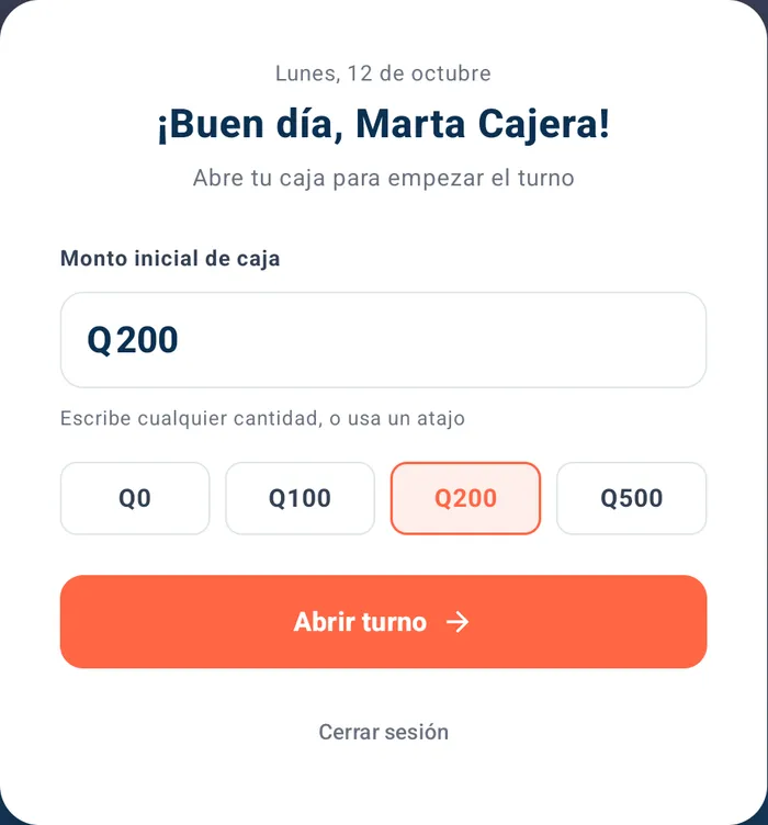 Escribe el efectivo inicial o toca un atajo, y luego Abrir turno