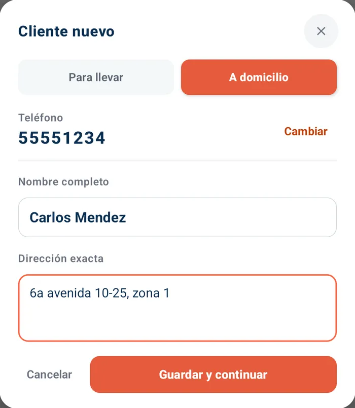Cliente a domicilio: busca su teléfono y, si es nuevo, escribe nombre y dirección