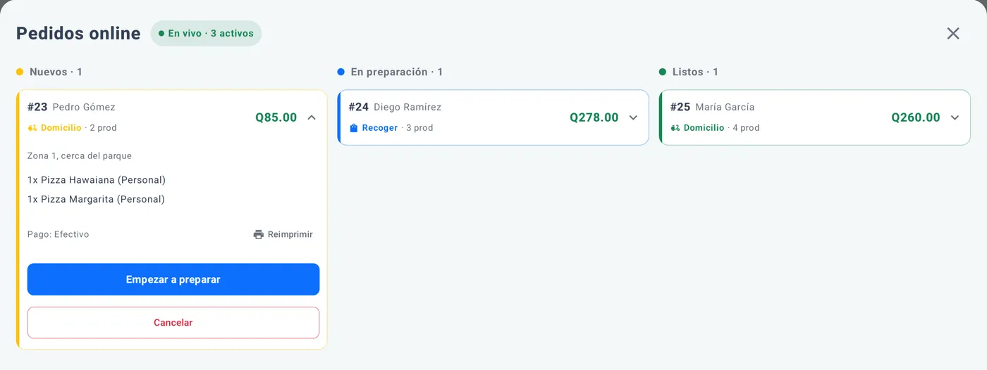 Pedidos online: Nuevos, En preparación y Listos