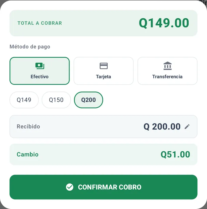 Ventana de cobro: método de pago, lo recibido y el cambio