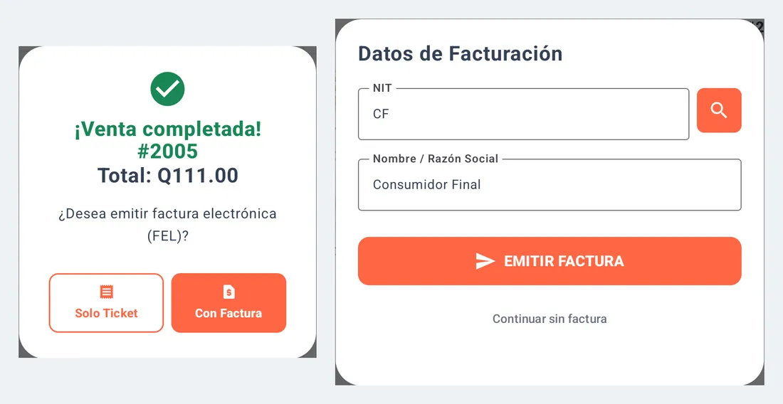 Si tu sucursal tiene FEL: Con Factura y luego NIT o Consumidor Final