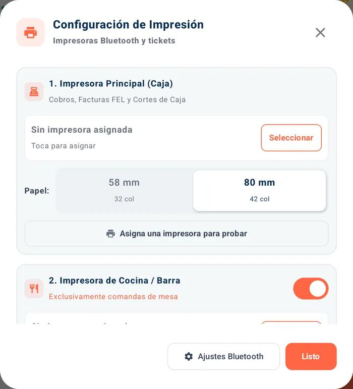 Configuración de impresión: caja y cocina