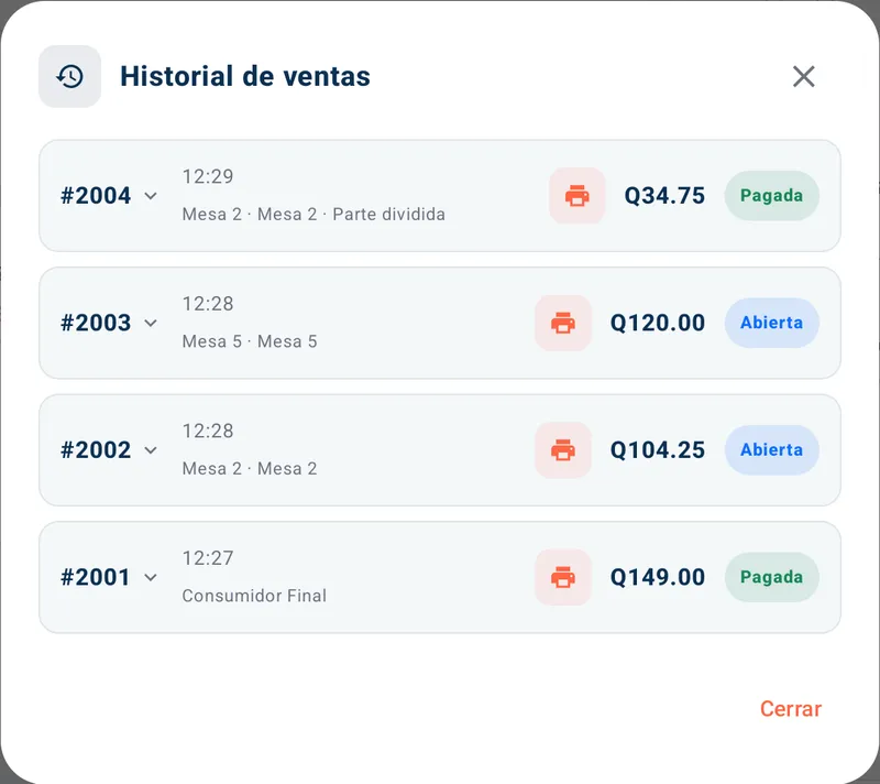 Historial de ventas de tu turno