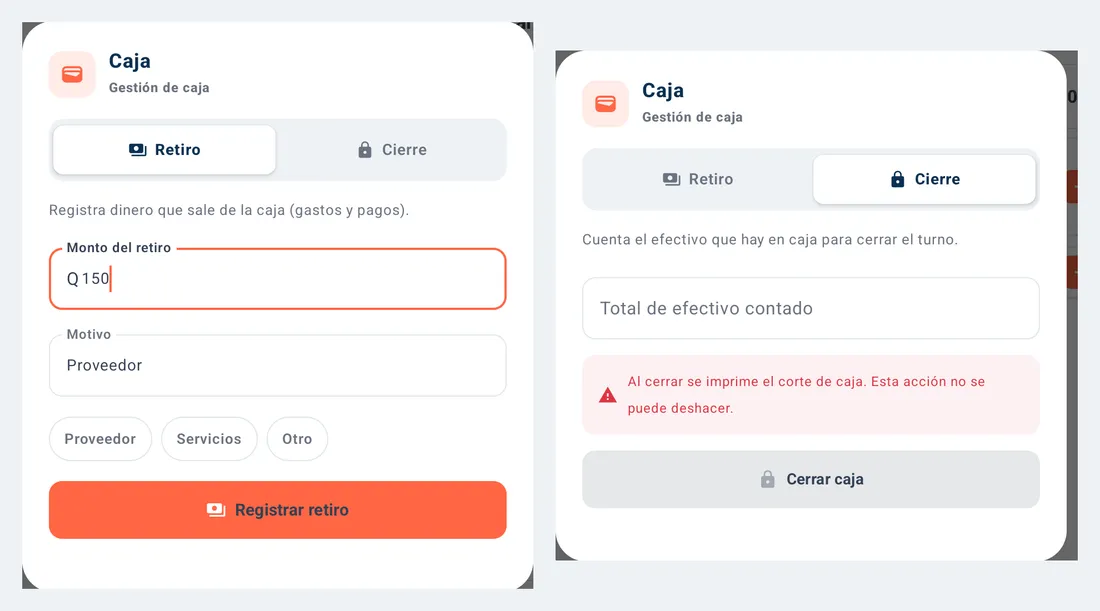 Gestión de caja: Retiro y Cierre