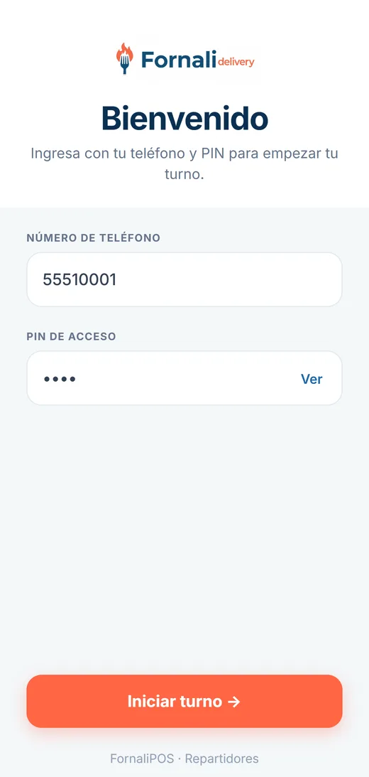 Escribe tu teléfono y tu PIN, y toca Iniciar turno