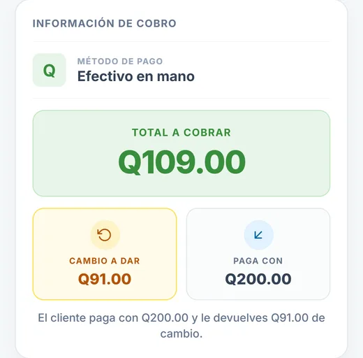 Información de cobro: total, con cuánto paga y el cambio a dar