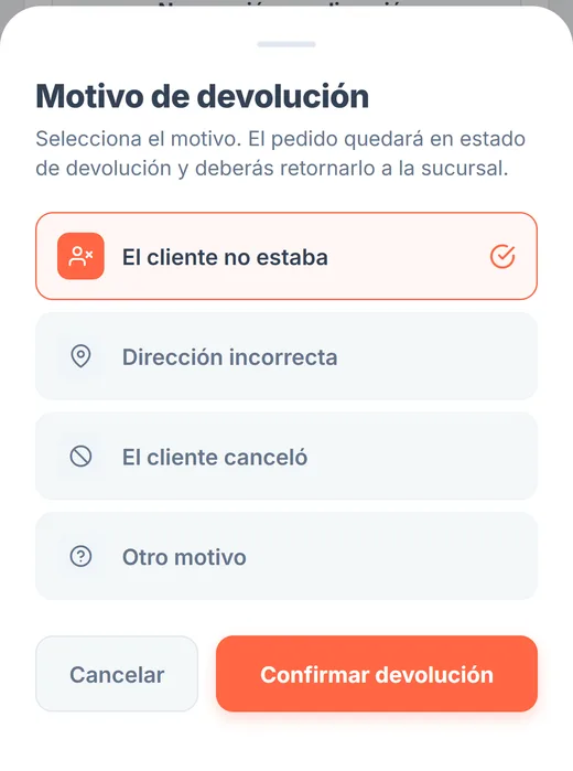 Si no se pudo entregar: elige el motivo y confirma
