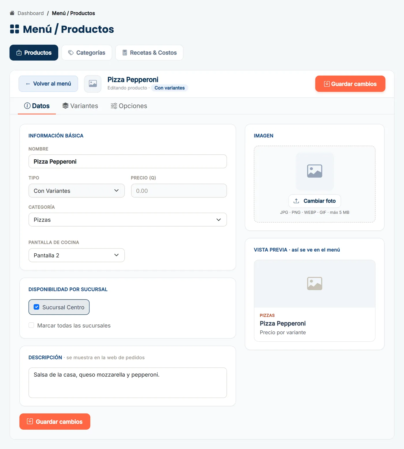 Editor de producto, pestaña Datos