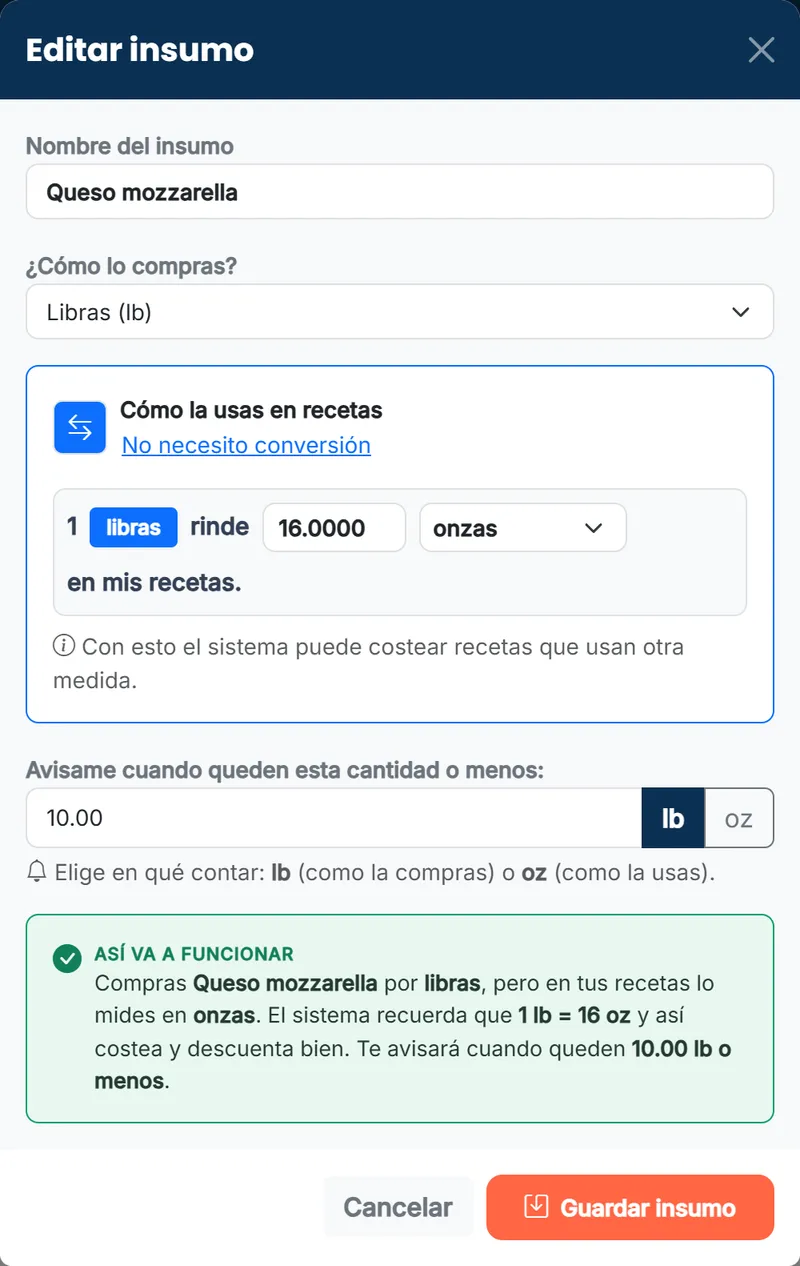 Insumo que compras en libras y usas en onzas