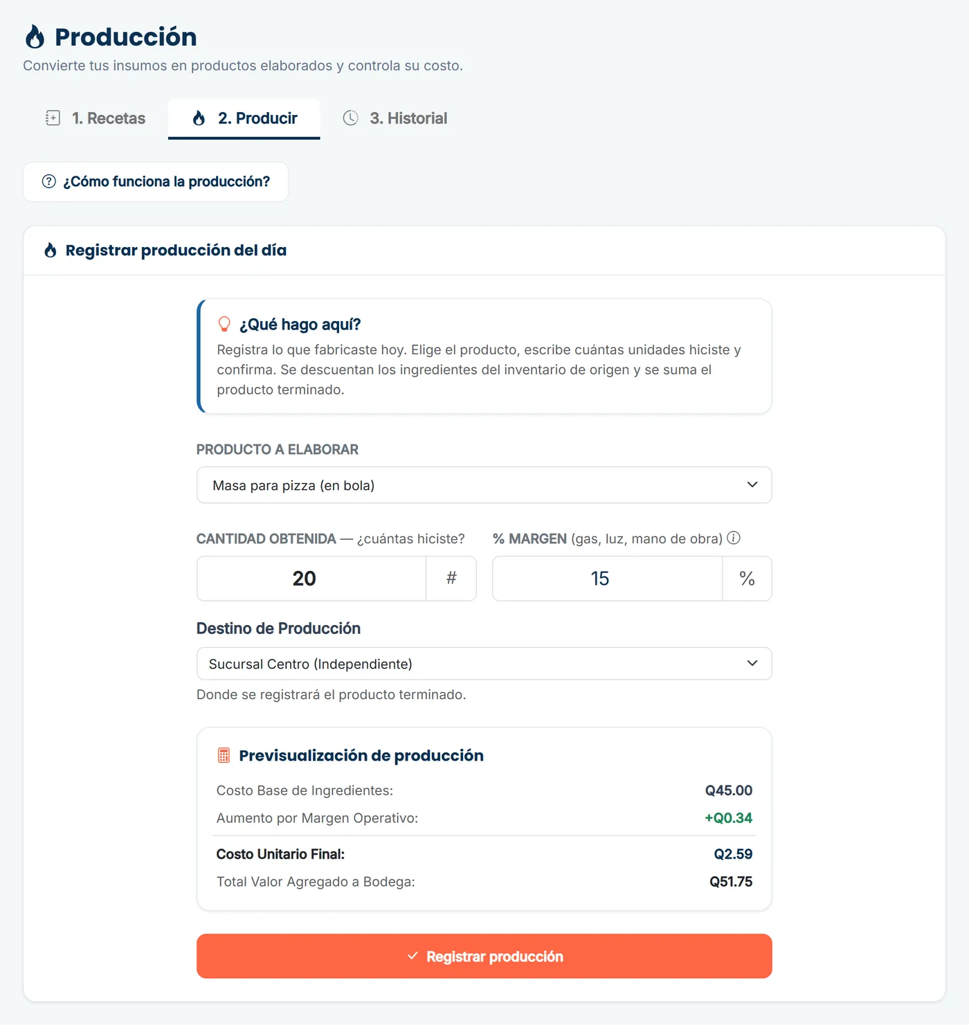 Producir: el sistema calcula el costo antes de registrar