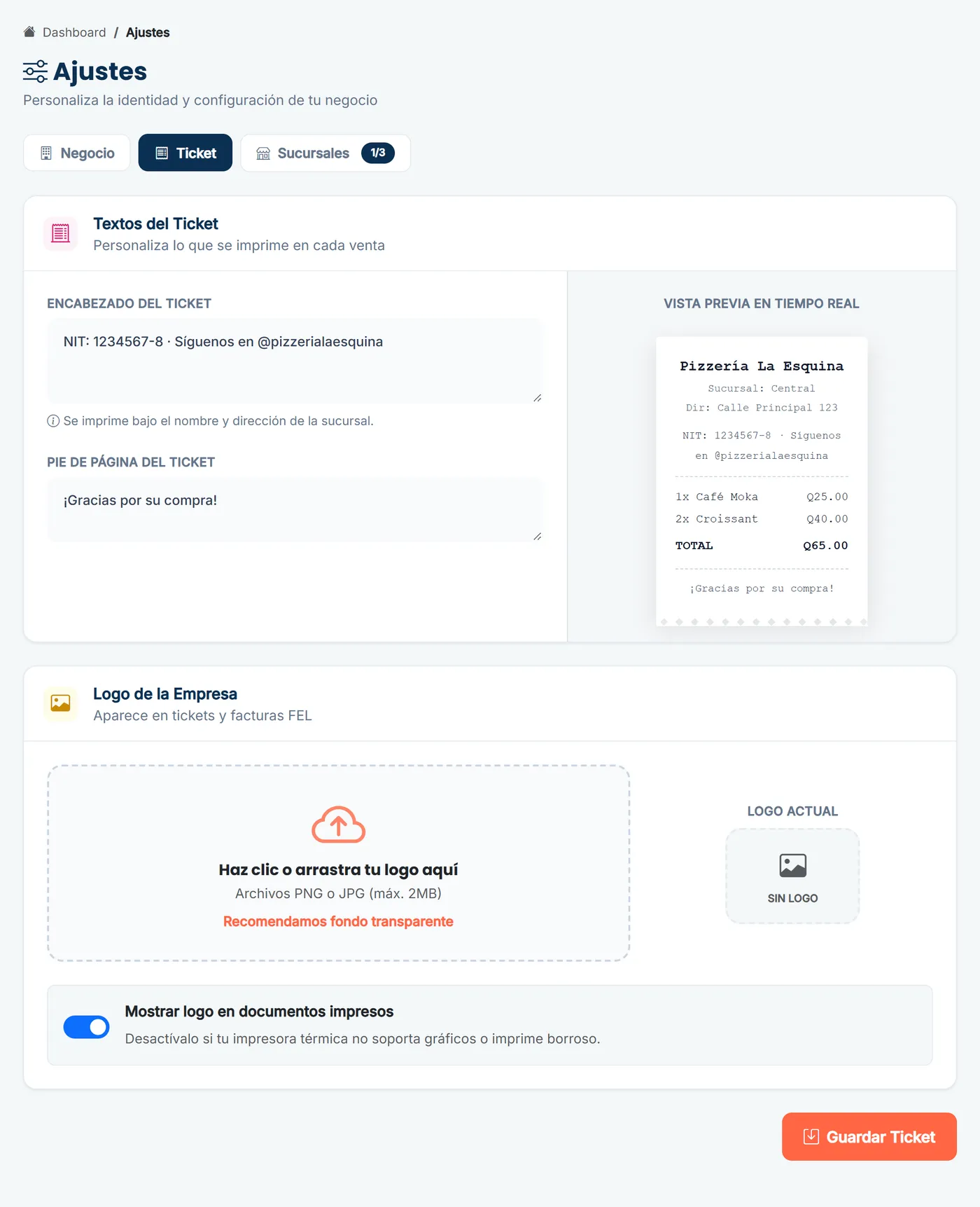 Ajustes → Ticket, con la vista previa en tiempo real
