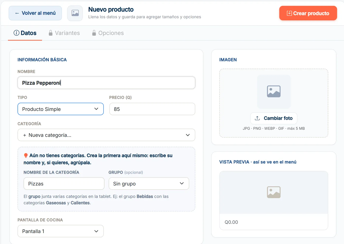 Nombre, precio y categoría: con eso basta. Luego toca Crear producto