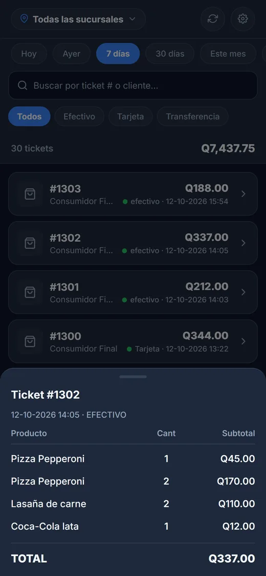Pestaña Tickets: toca uno para ver su detalle