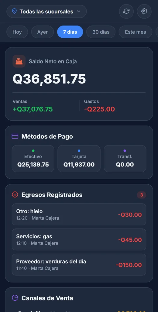 Pestaña Caja: saldo, métodos de pago y egresos