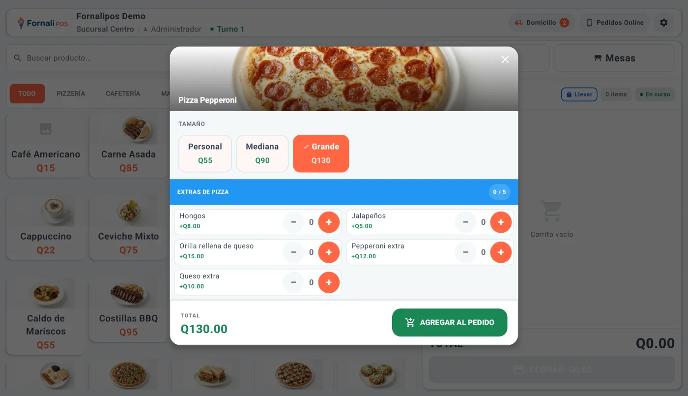 Pizza pepperoni en la tablet: tamaño grande y extras como orilla de queso, hongos y jalapeños