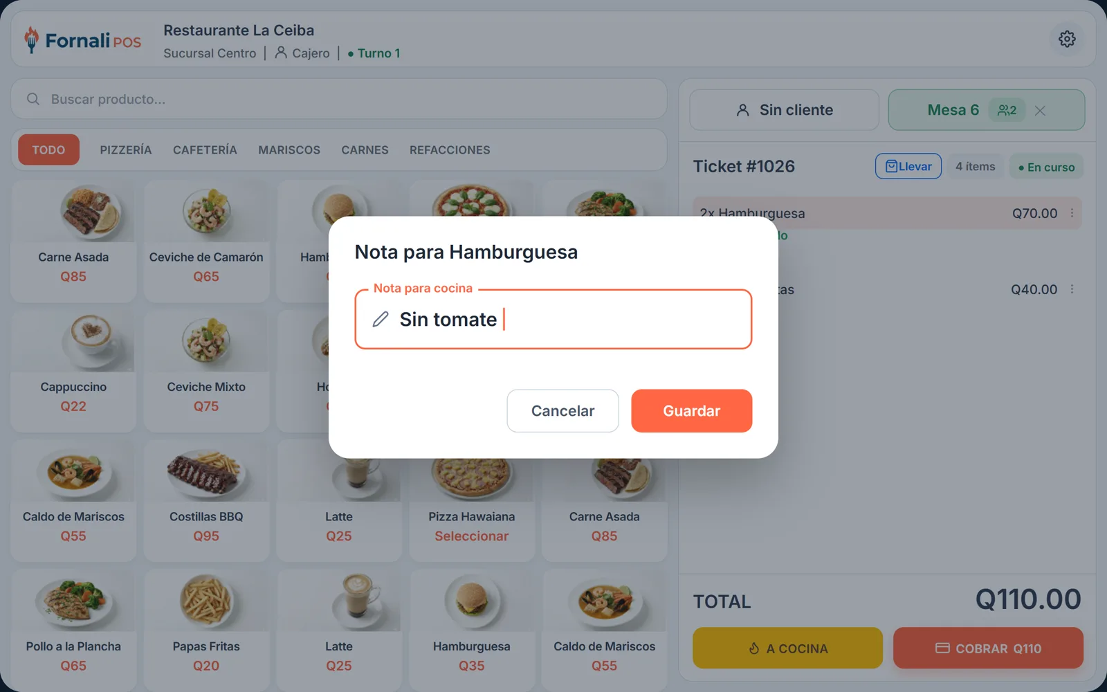 Nota "sin tomate" para la cocina en la tablet